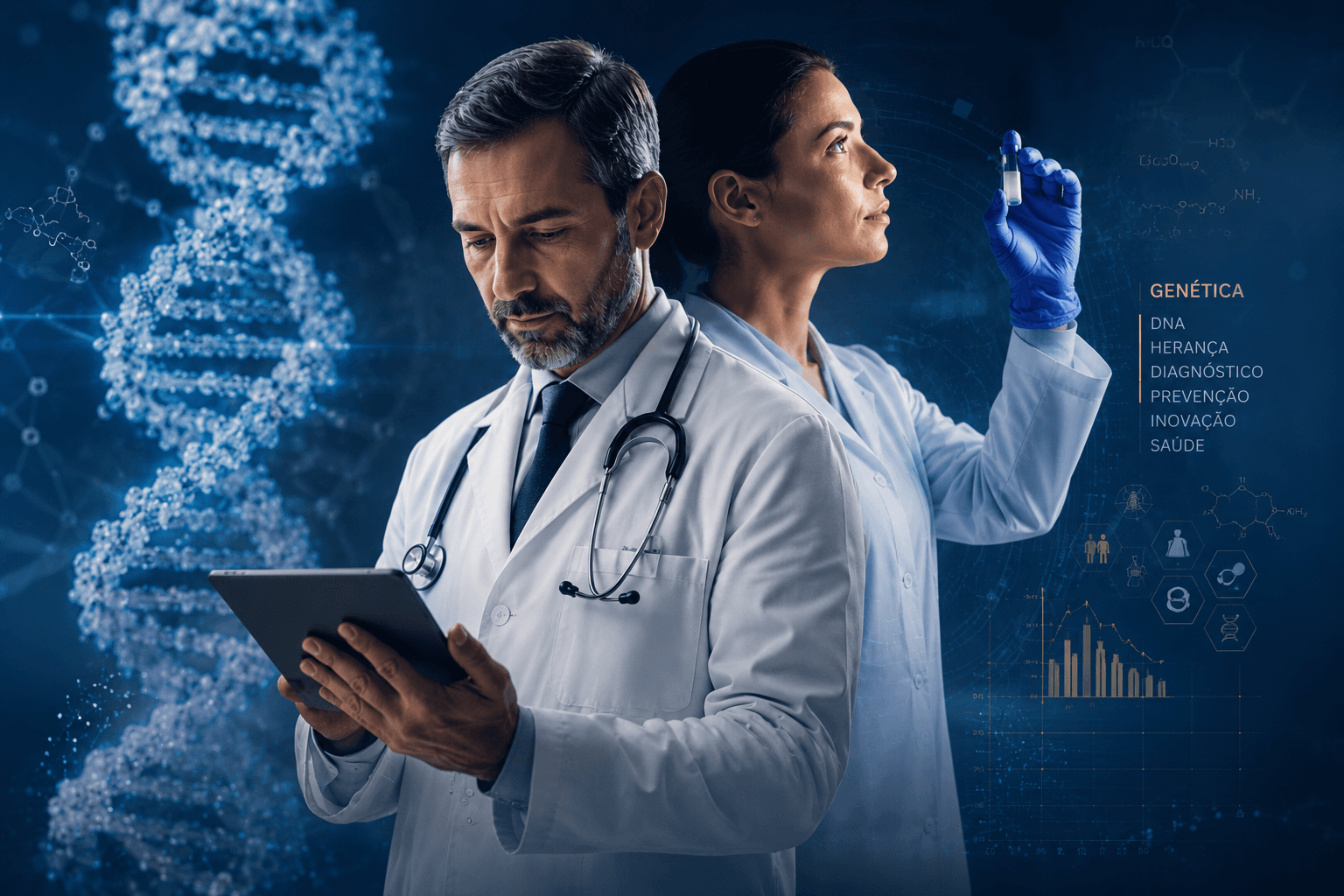 Médicos analisando dados genéticos